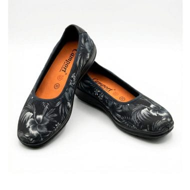 sabrina tropical camport tecido preto, sabrina senhora tecido estampado camport, detalhe padrão floral sabrina camport, sabrina leve conforto senhora