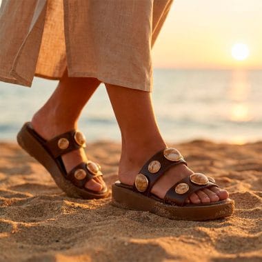 sandálias slide senhora em couro chocolate