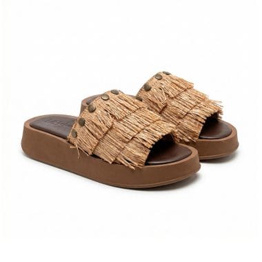 sandalias slide senhora couro plataforma franjas