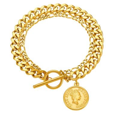 pulseira moeda ouro 18k banhado senhora em aço inoxidavel elegante