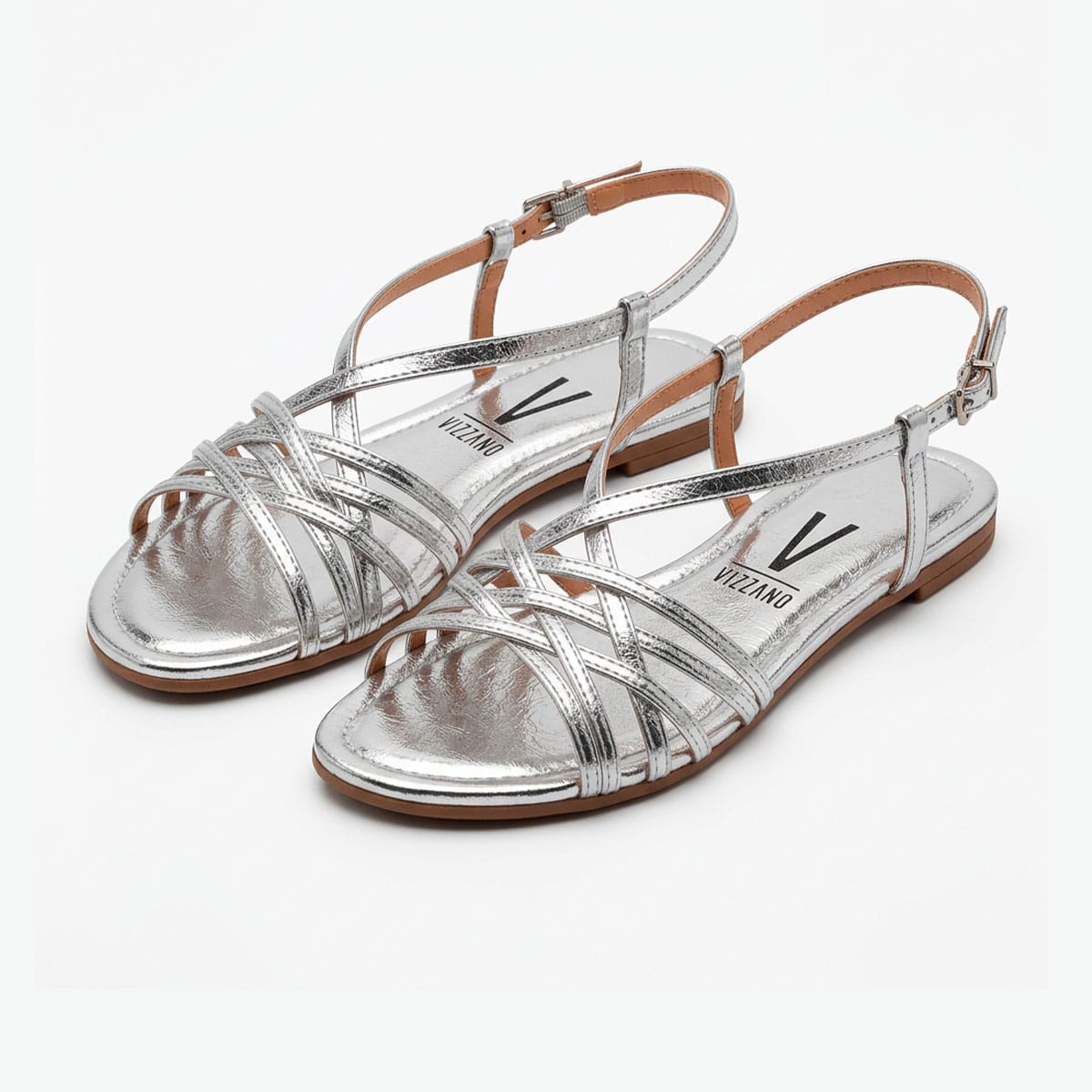 2JPG Sandália rasteira de tiras prateada Vizzano elegante