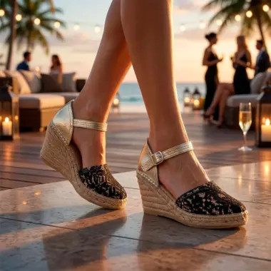 alpercatas com cunha renda preta