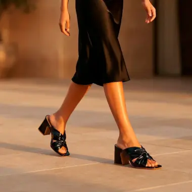 Sandália mule em pele preta com salto bloco e laço Huma Shoes