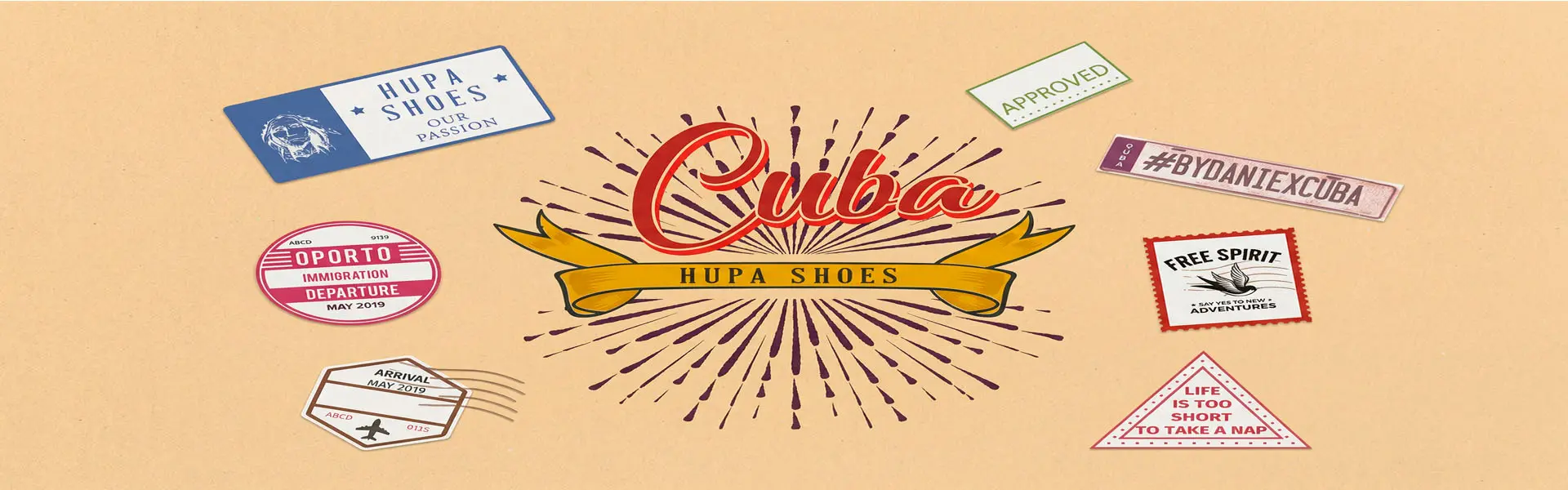 Banner inspirado no universo vintage e viagens, com identidade visual “Cuba Hupa Shoes”, combinando elementos retro, cores quentes e um design marcante que transmite personalidade, estilo e autenticidade.