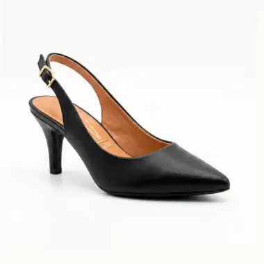 Slingback Paris Vizzano preto em eco pele, sapato elegante com salto médio confortável para uso diário.