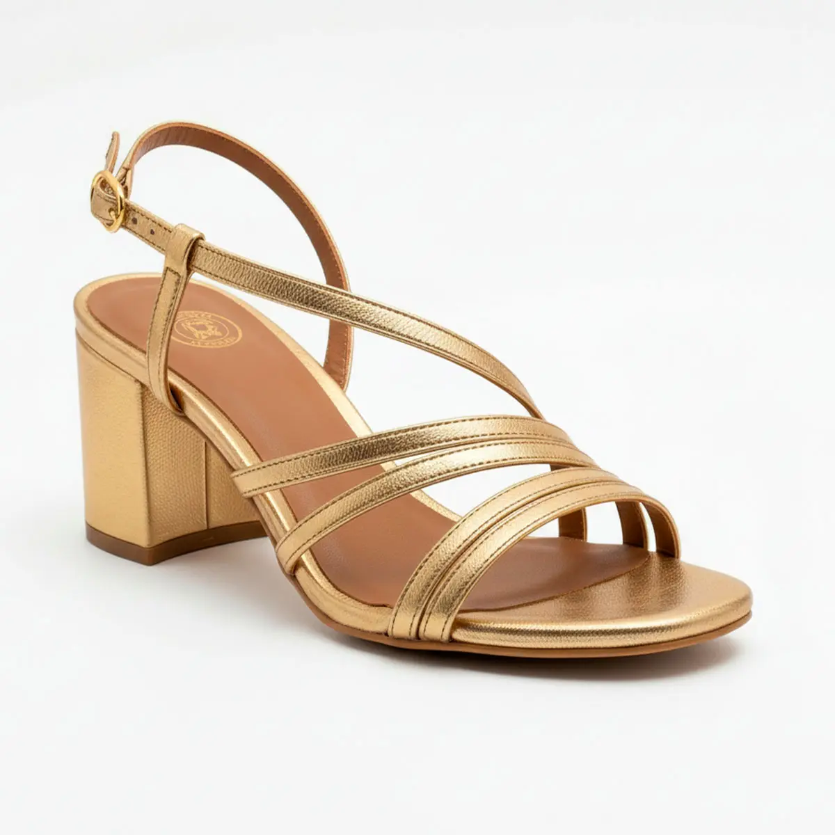 sandalia-pele-dourada-salto-bloco-hupa-shoes.jpg Sandália em pele dourada Hupa Shoes com salto bloco e tiras elegantes