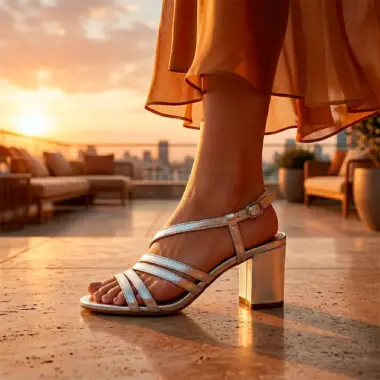 Sandália em pele prateada Hupa Shoes com salto bloco e tiras elegantes