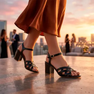 Sandália em pele preta salto bloco Hupa Shoes com tiras cruzadas