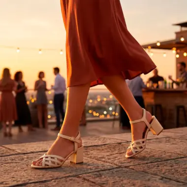 Sandália em pele bege salto bloco Hupa Shoes com tiras cruzadas