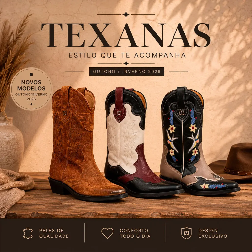 Botas texanas de senhora em pele genuína nas cores castanho, branco com bordô e preto com bordados florais, coleção Outono/Inverno 2026.