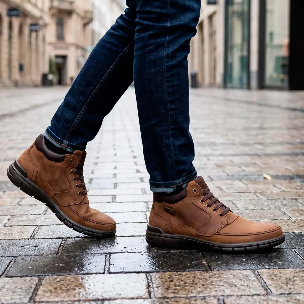 Botas Camport Impermeáveis em pele genuína castanhas para homem com sola antiderrapante e atacadores.