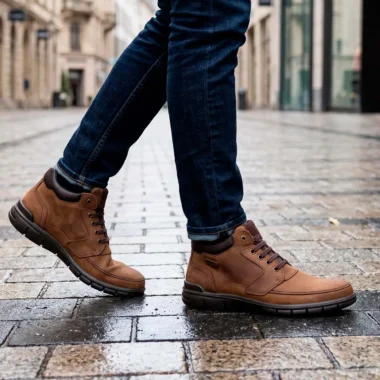 Botas Camport Impermeáveis em pele genuína castanhas para homem com sola antiderrapante e atacadores.