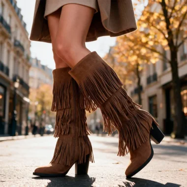Bota texana com franjas em material efeito veludo e salto de aproximadamente 10 cm