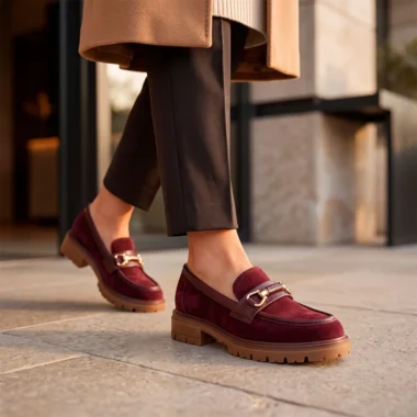 Mocassins camurça senhora com corrente dourada e sola tratorada