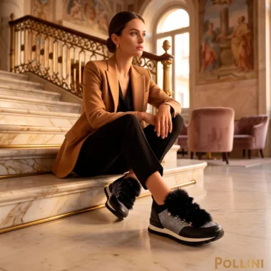 Sapatilha Pollini Glamour Senhora preta com acabamento prateado brilhante e pelo decorativo