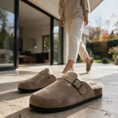 chinelo com pelo bege Cozy Buckle em eco pele
