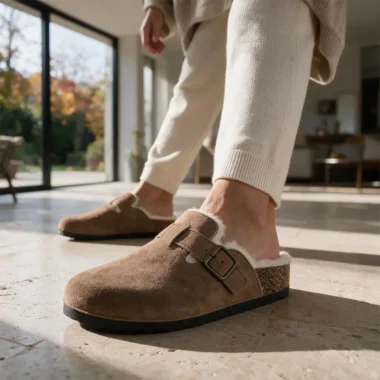 chinelo com pelo senhora camel Cozy Buckle