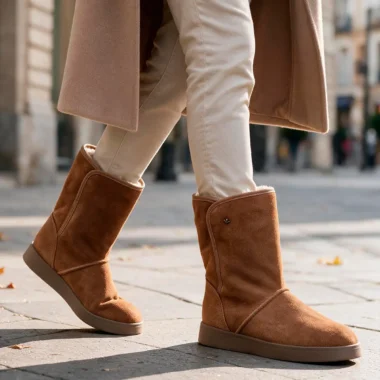 Botas Estilo UGG em Pele Camurça Cravo & Canela Cano Médio