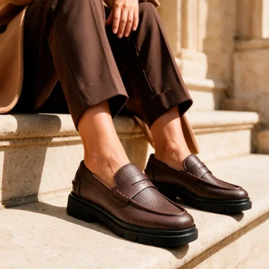 Mulher a usar mocassins Camport cor caffe num coordenado elegante de Outono.