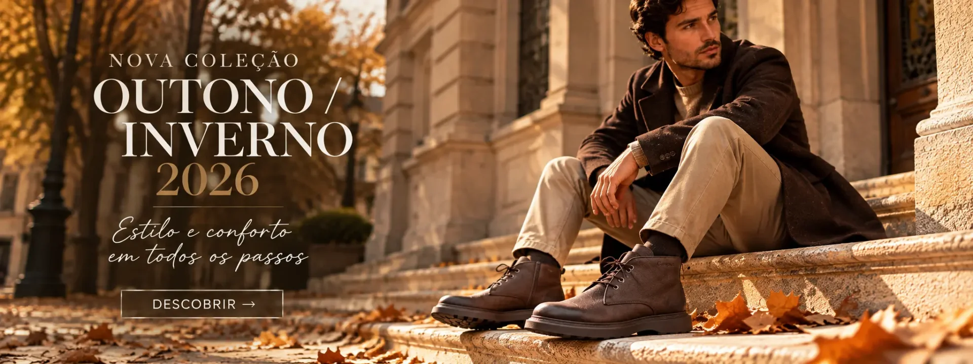 Banner da Nova Coleção Homem Outono/Inverno 2026 da B&R Sapatarias, com modelo masculino a usar botas Camport castanhas em pele.